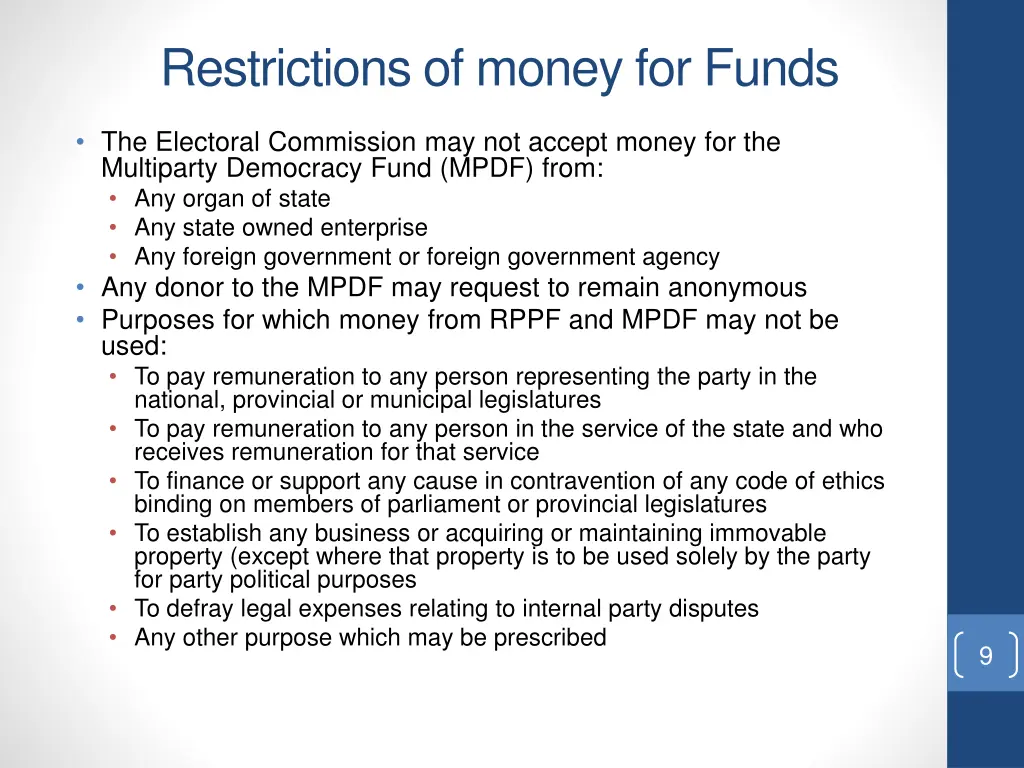 restrictions of money for funds