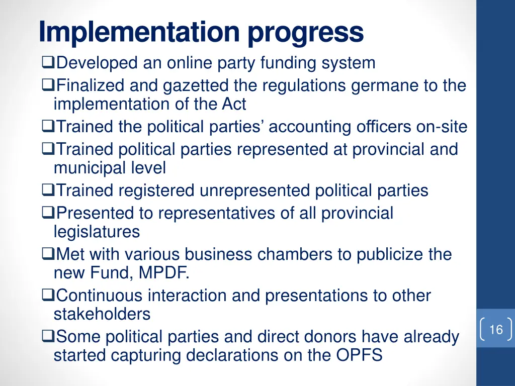 implementation progress developed an online party