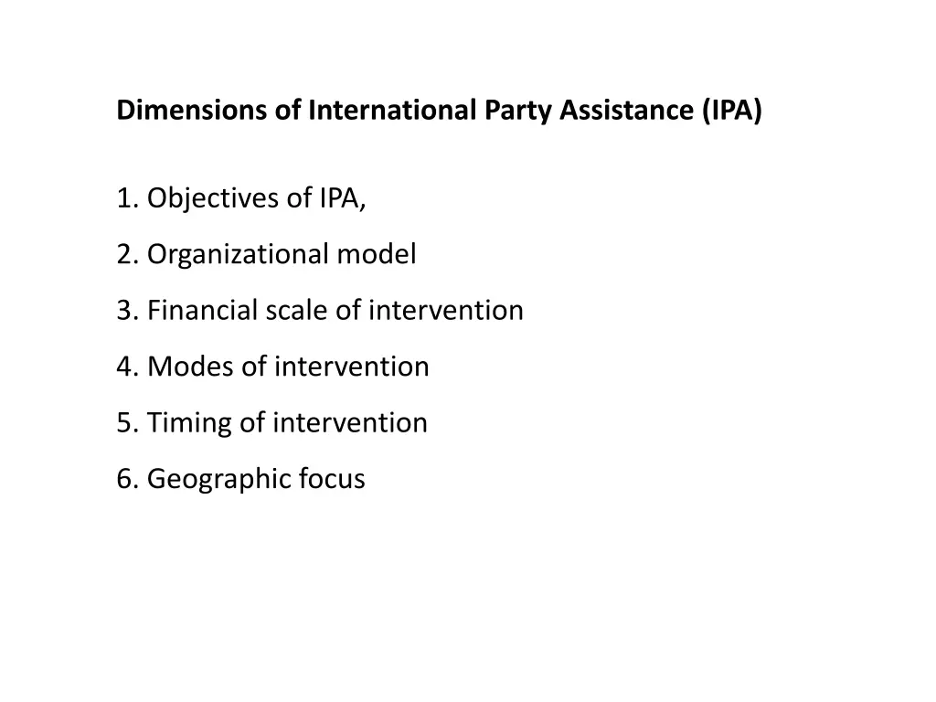 dimensions of international party assistance ipa