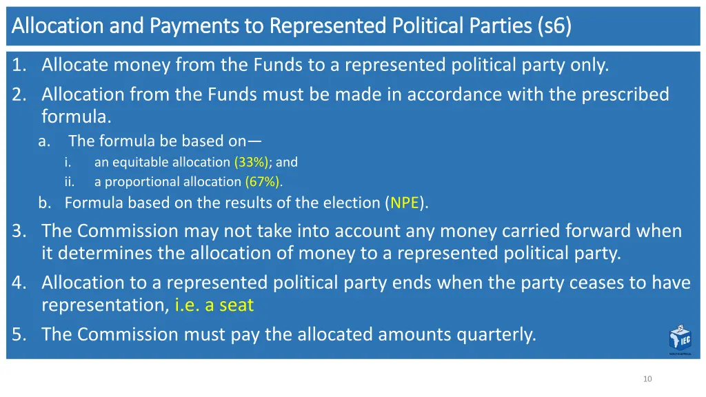 allocation and payments to represented political