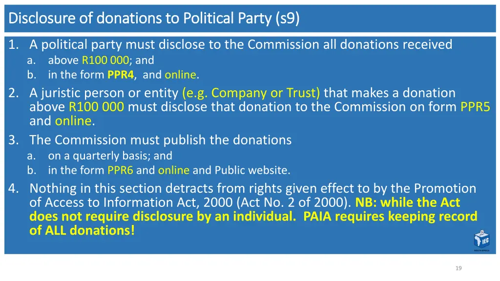 disclosure of donations to political party