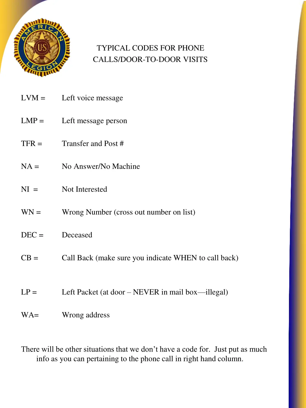 typical codes for phone calls door to door visits