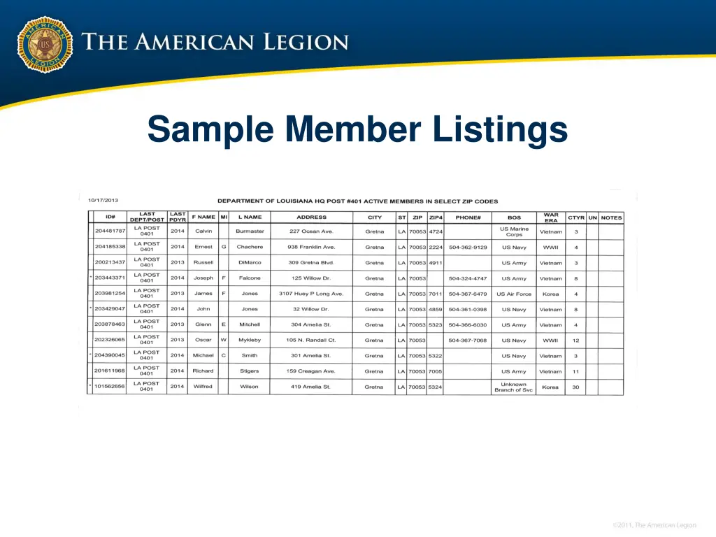 sample member listings