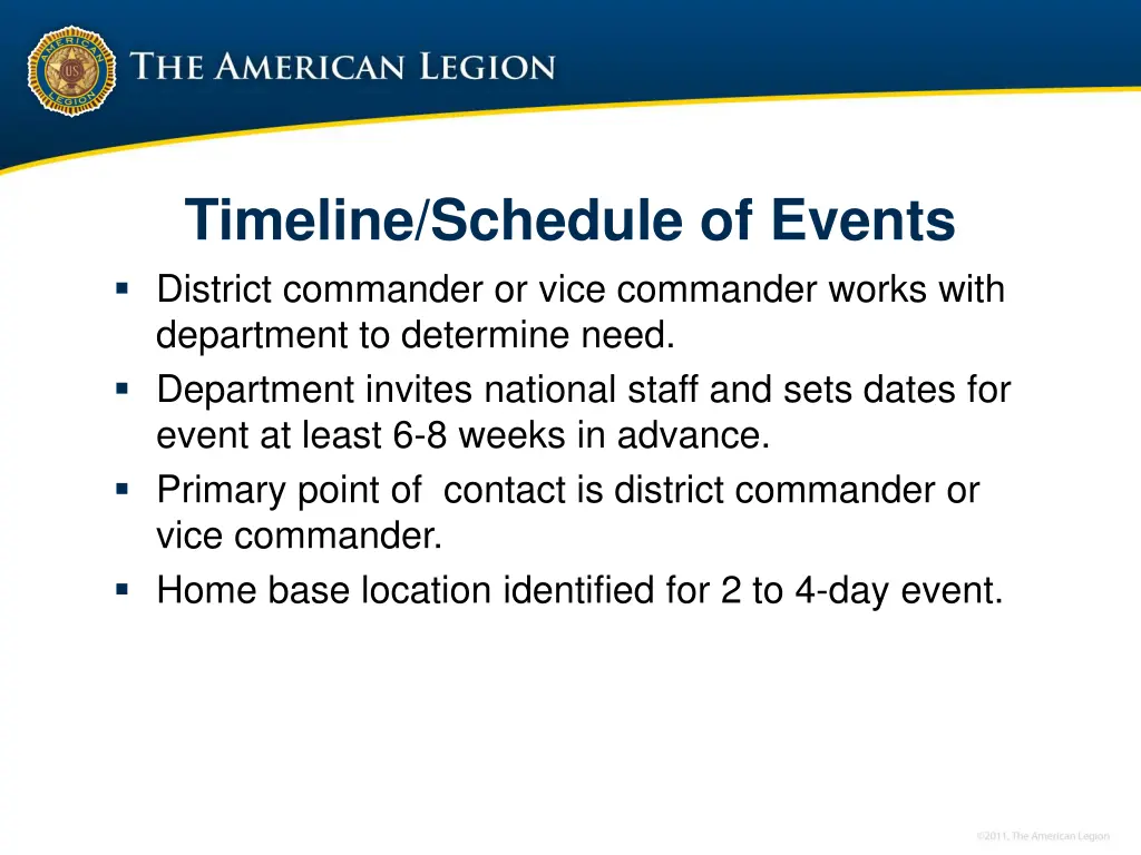 timeline schedule of events district commander