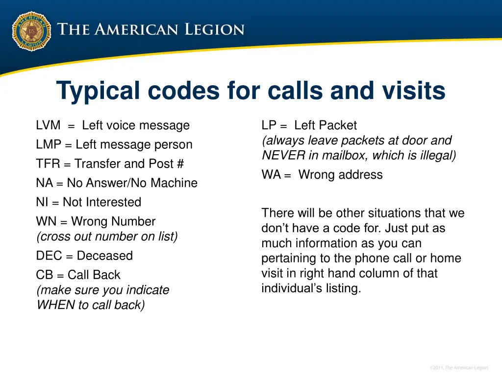 typical codes for calls and visits