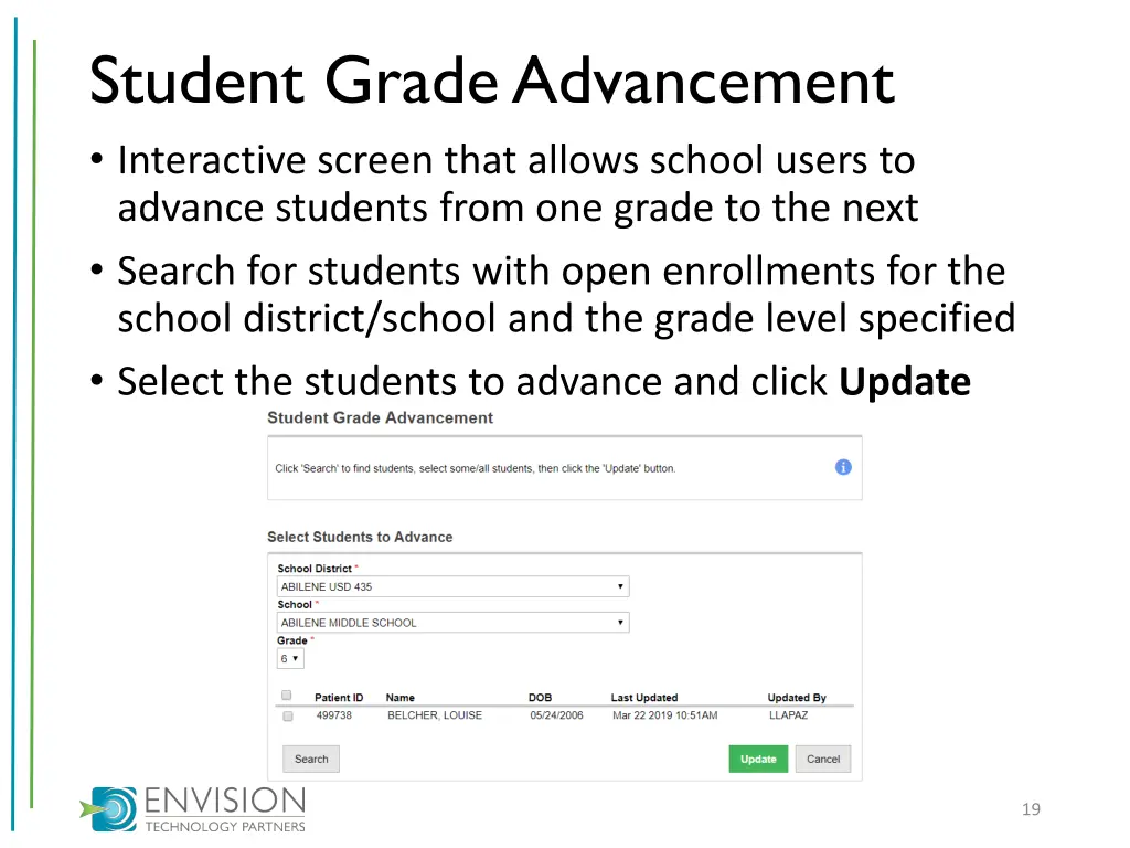 student grade advancement interactive screen that