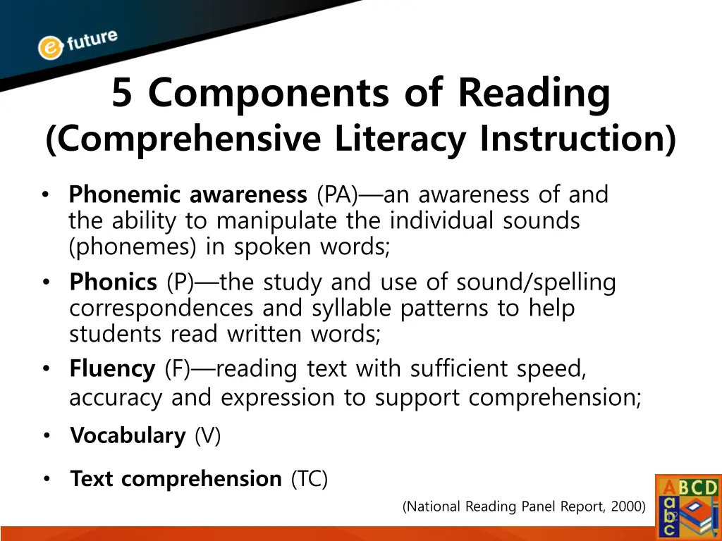 5 components of reading comprehensive literacy 1