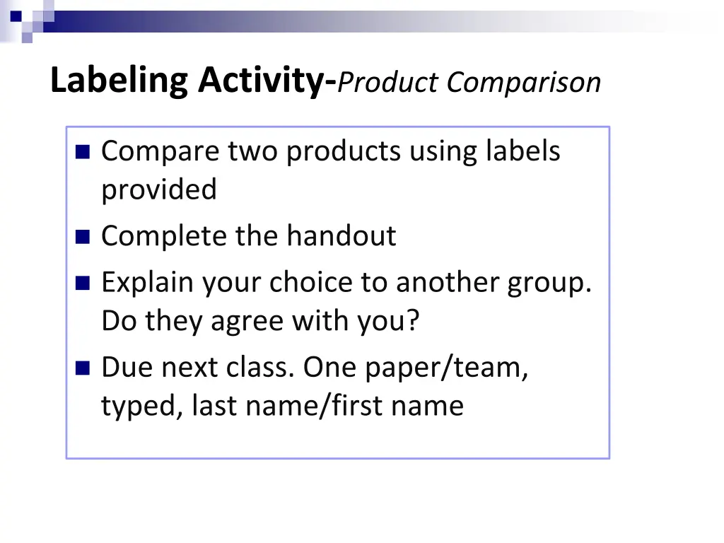 labeling activity product comparison