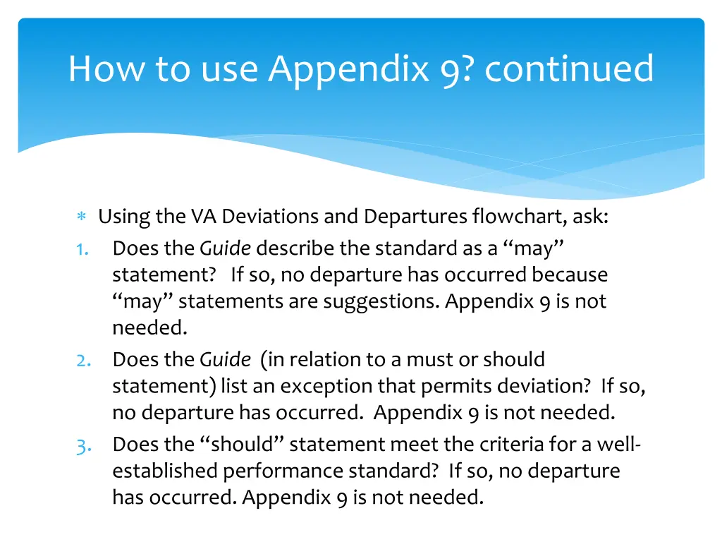 how to use appendix 9 continued