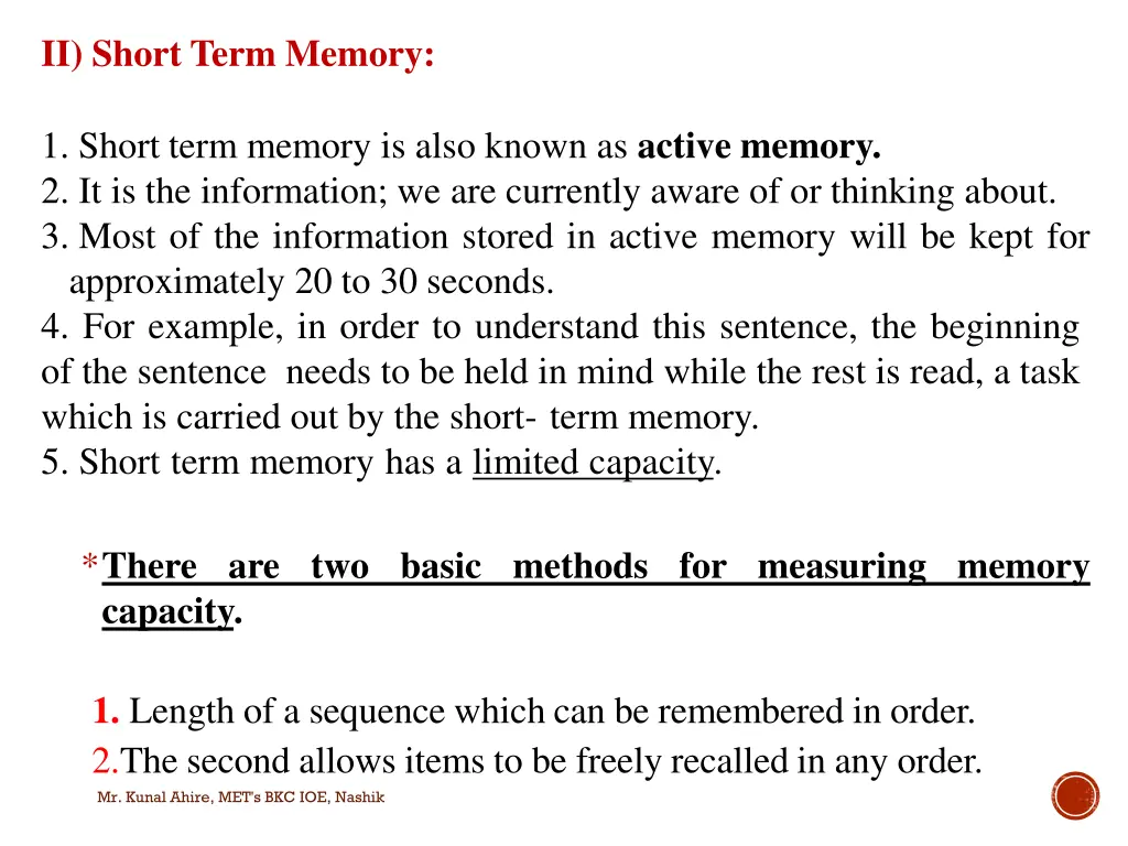 ii short term memory