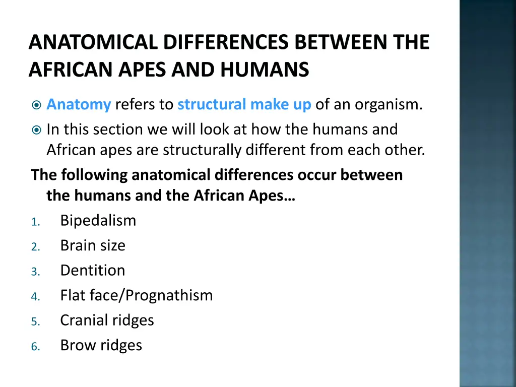 anatomical differences between the african apes