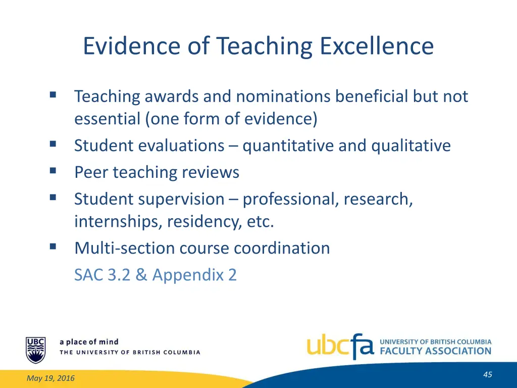 evidence of teaching excellence