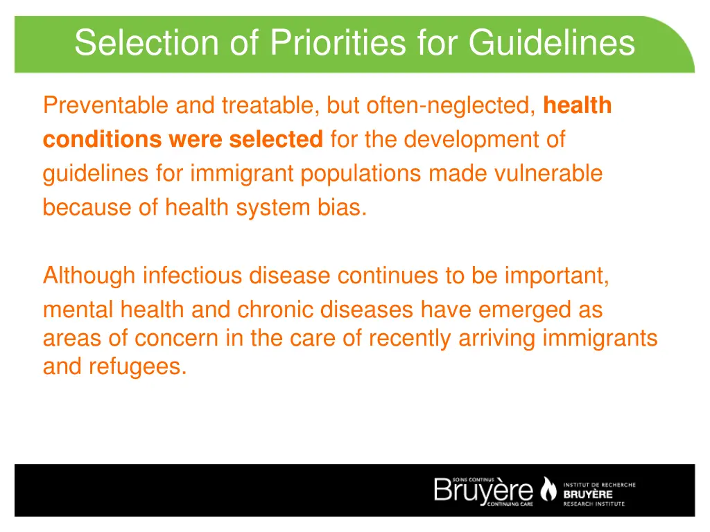 selection of priorities for guidelines