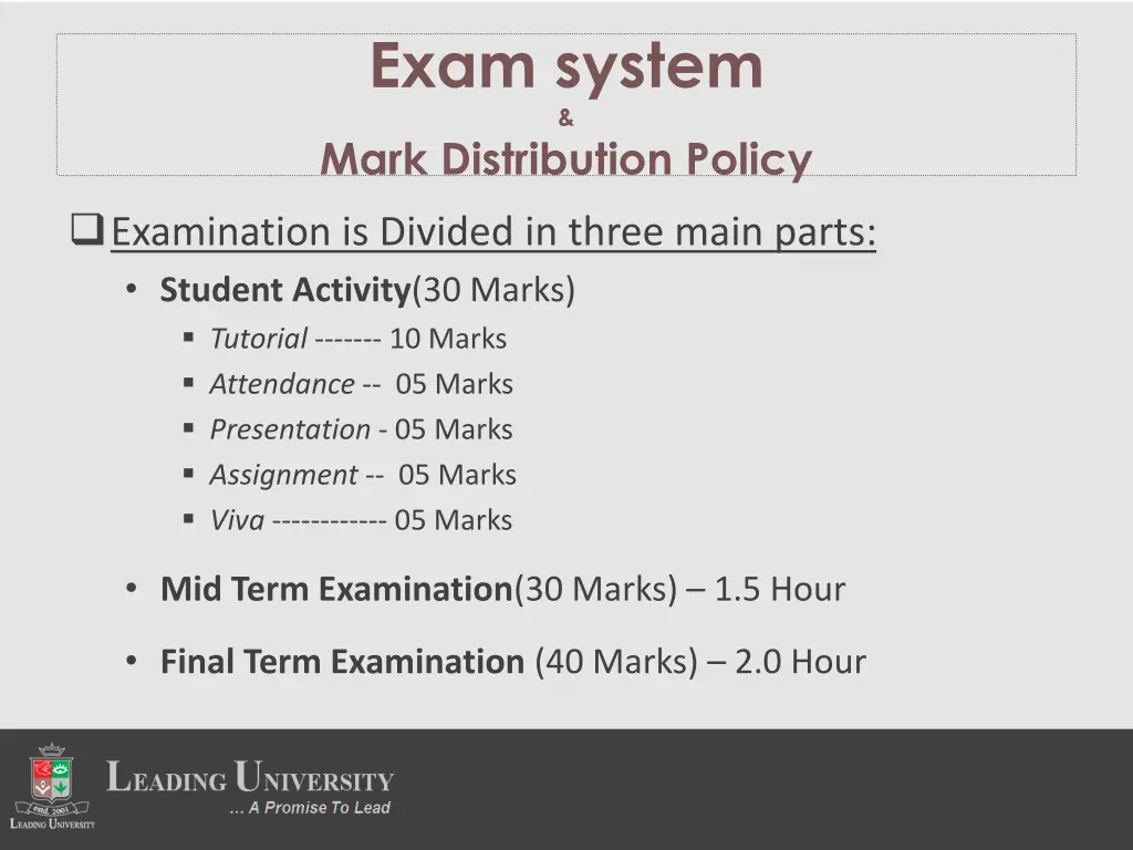 exam system mark distribution policy