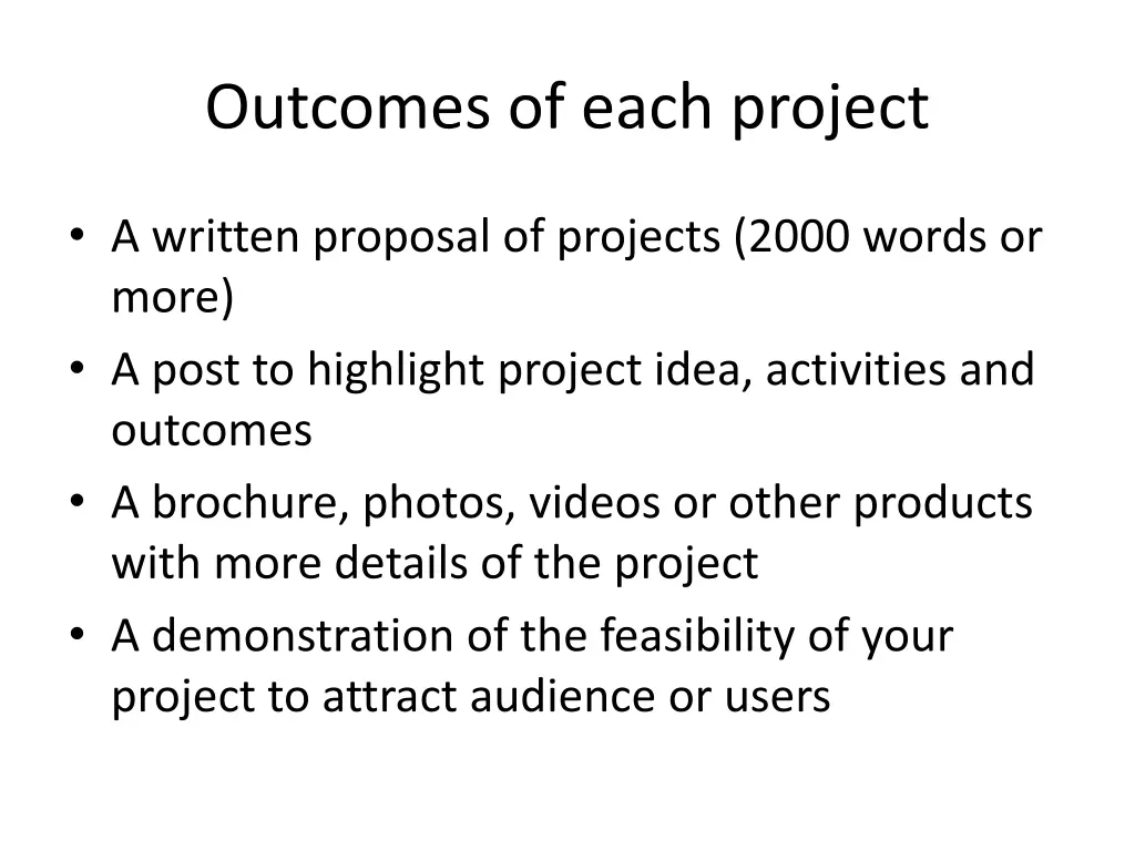 outcomes of each project