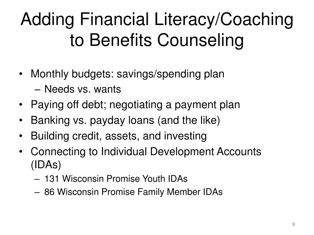 adding financial literacy coaching to benefits