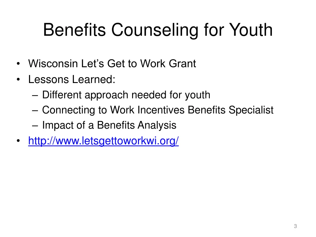 benefits counseling for youth