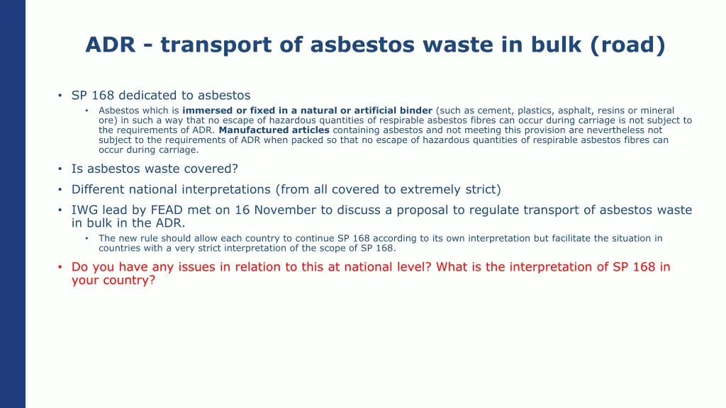 adr transport of asbestos waste in bulk road