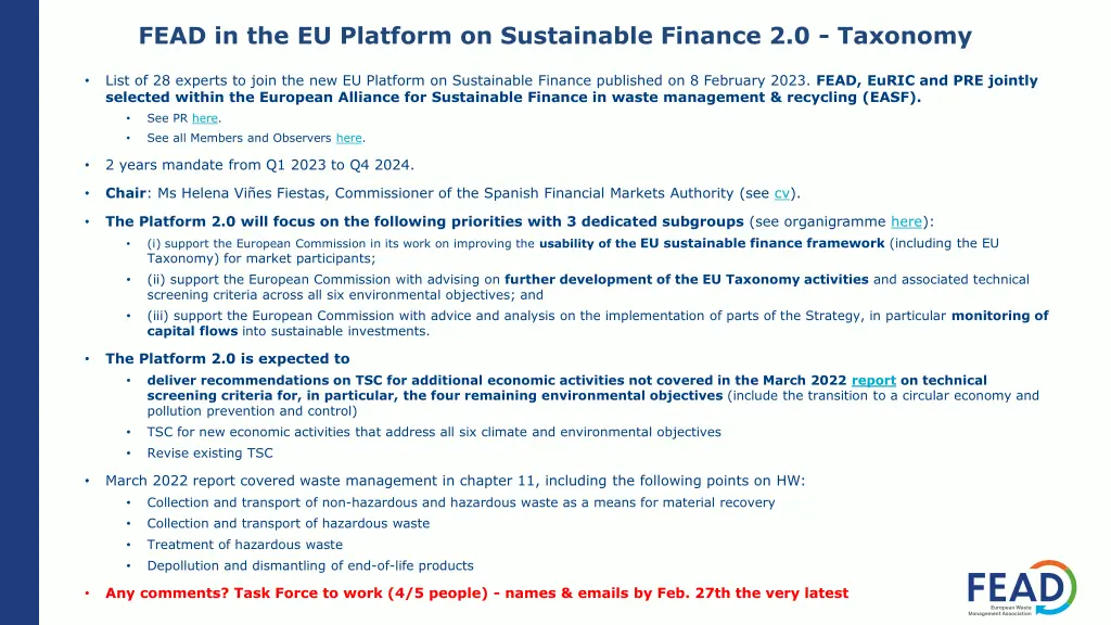 fead in the eu platform on sustainable finance