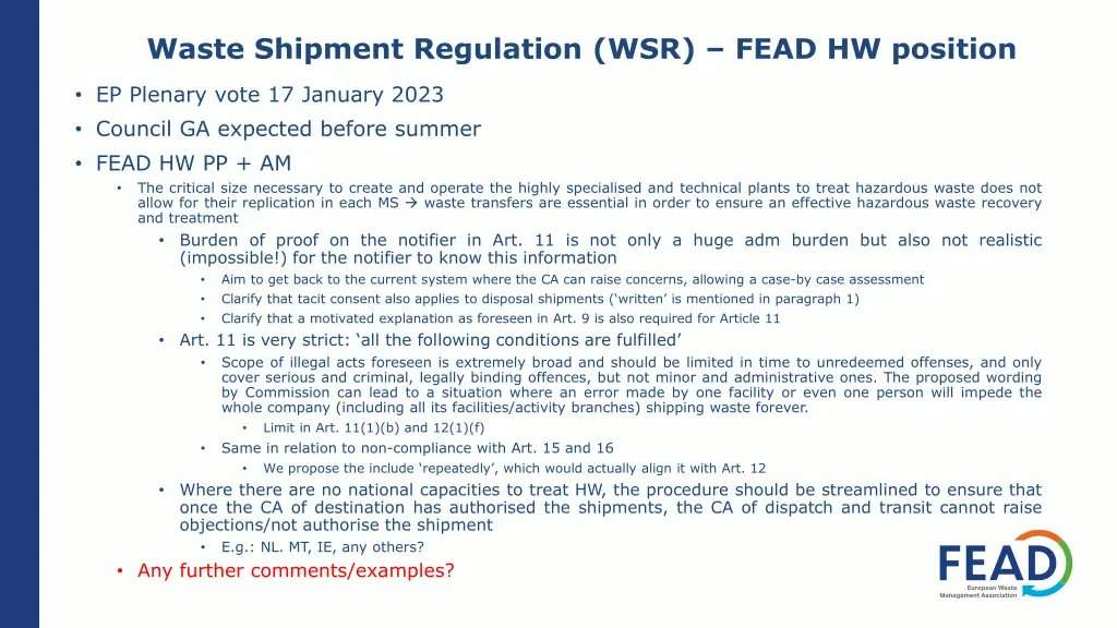 waste shipment regulation wsr fead hw position