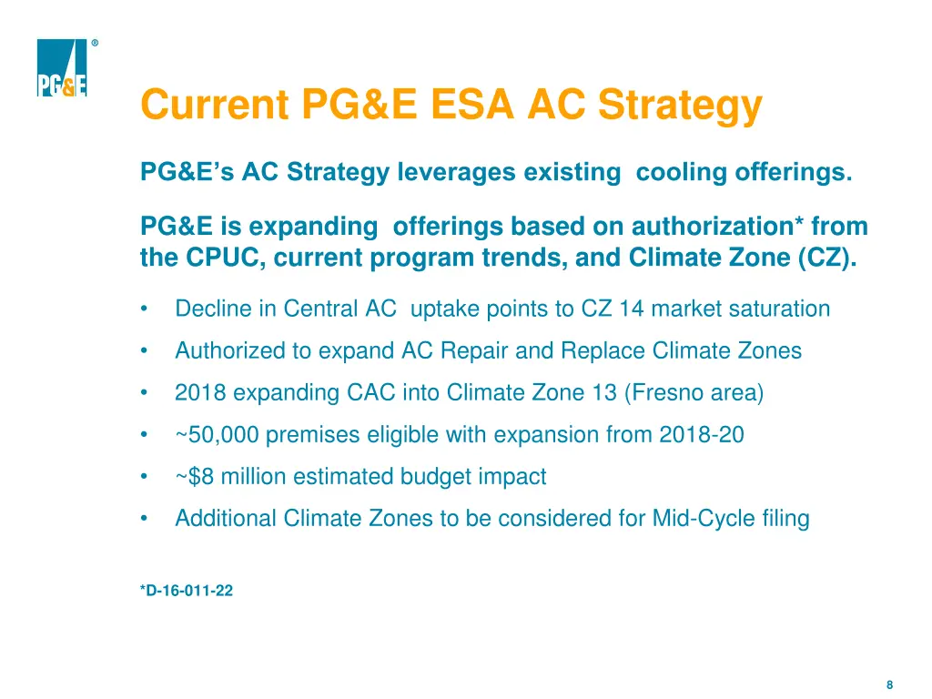 current pg e esa ac strategy