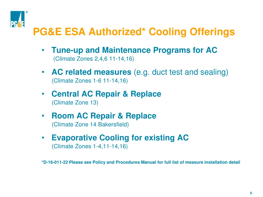 pg e esa authorized cooling offerings