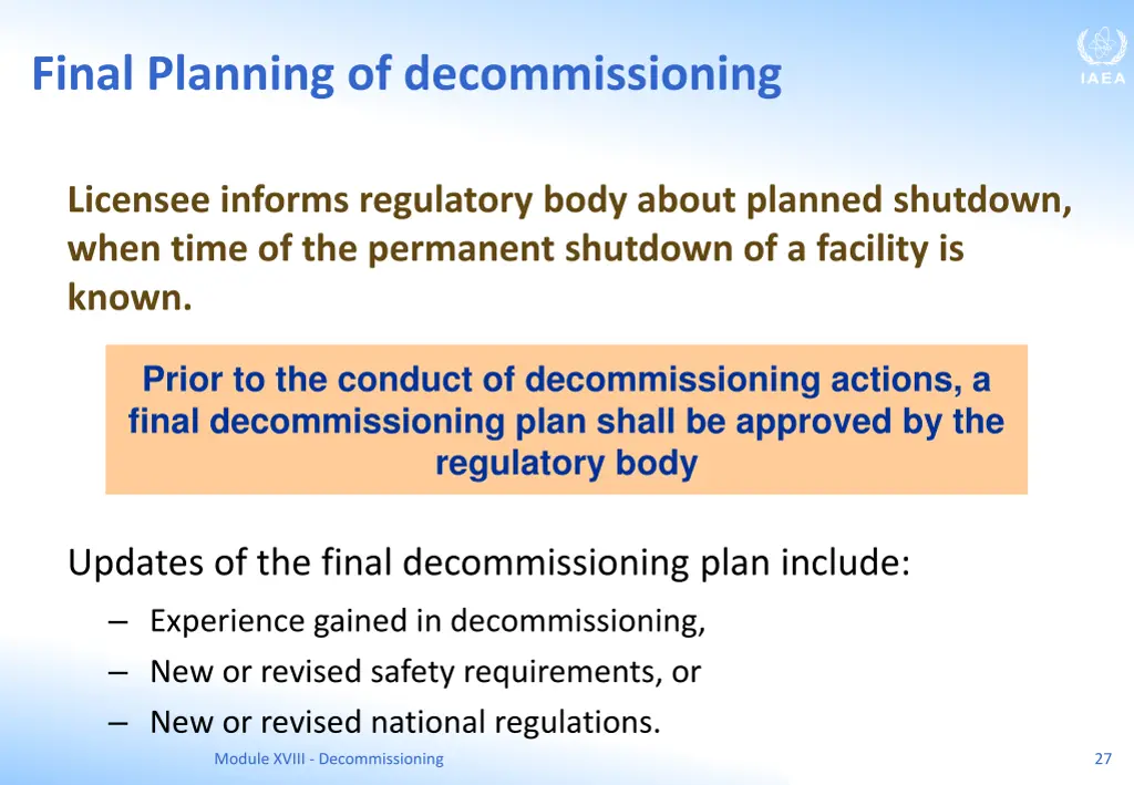 final planning of decommissioning