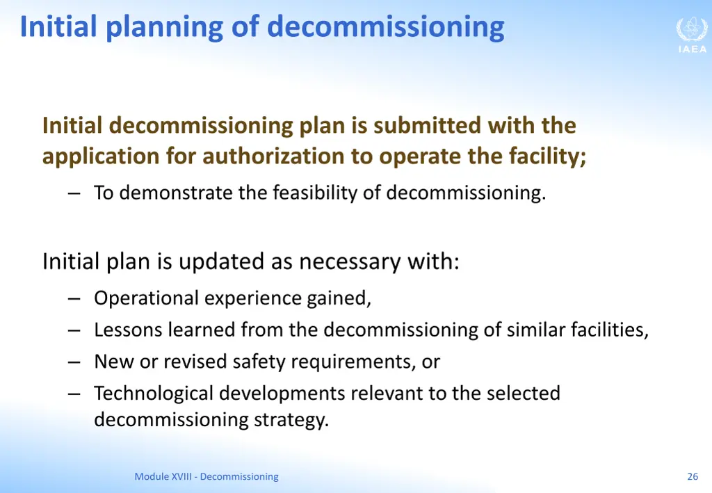 initial planning of decommissioning