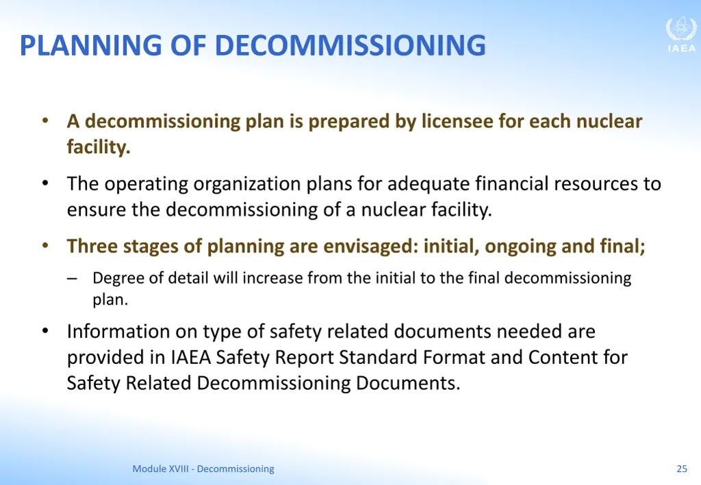 planning of decommissioning