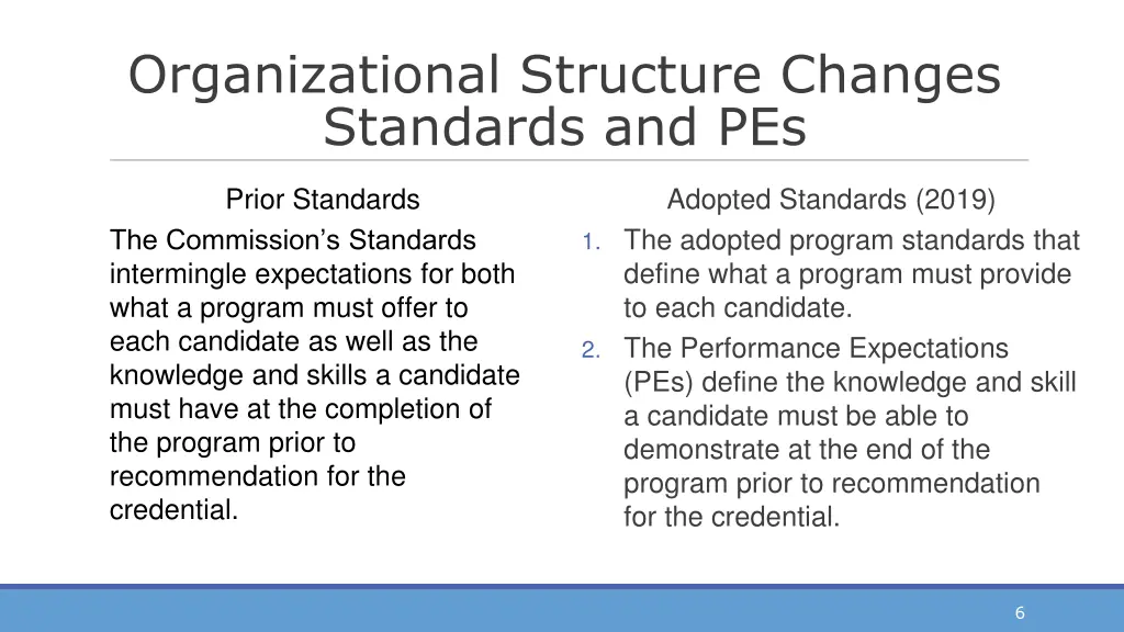 organizational structure changes standards and pes