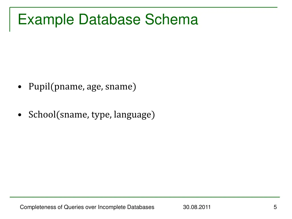 example database schema