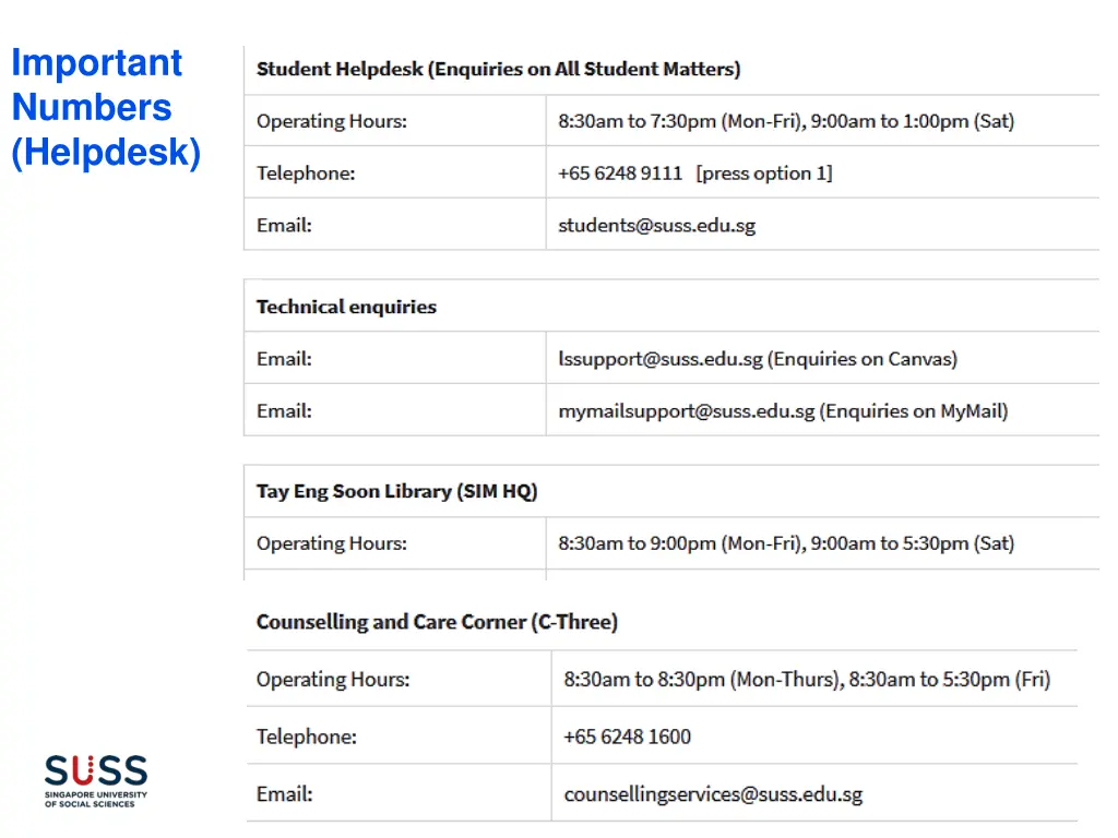 important numbers helpdesk