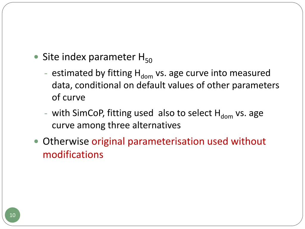 site index parameter h 50 estimated by fitting