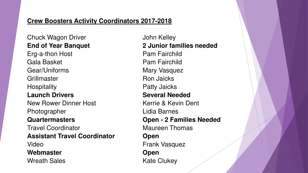 crew boosters activity coordinators 2017 2018