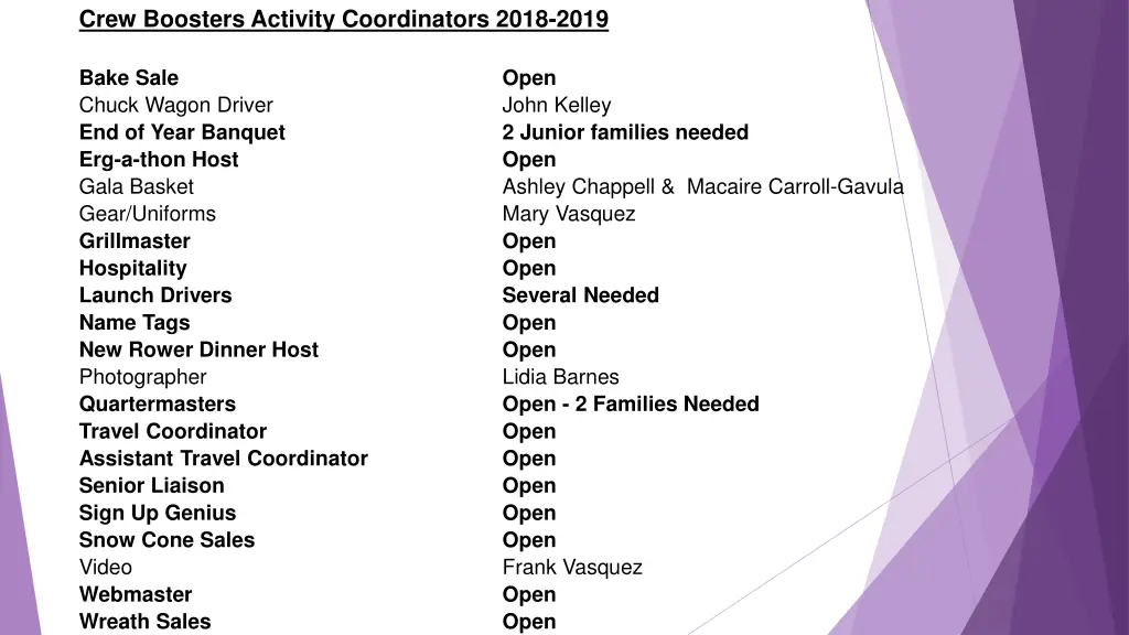 crew boosters activity coordinators 2018 2019