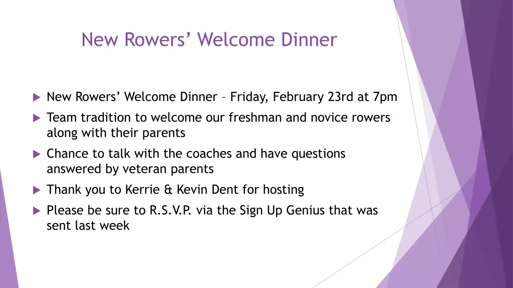 new rowers welcome dinner