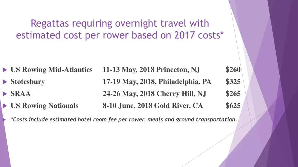 regattas requiring overnight travel with