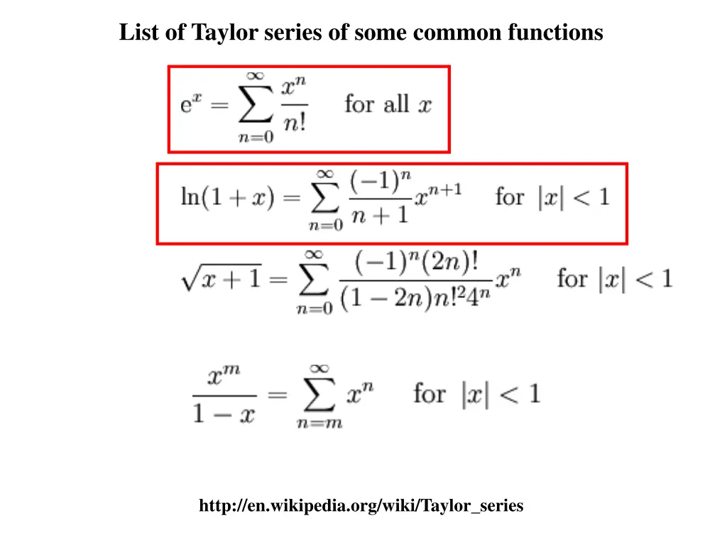 list of taylor series of some common functions