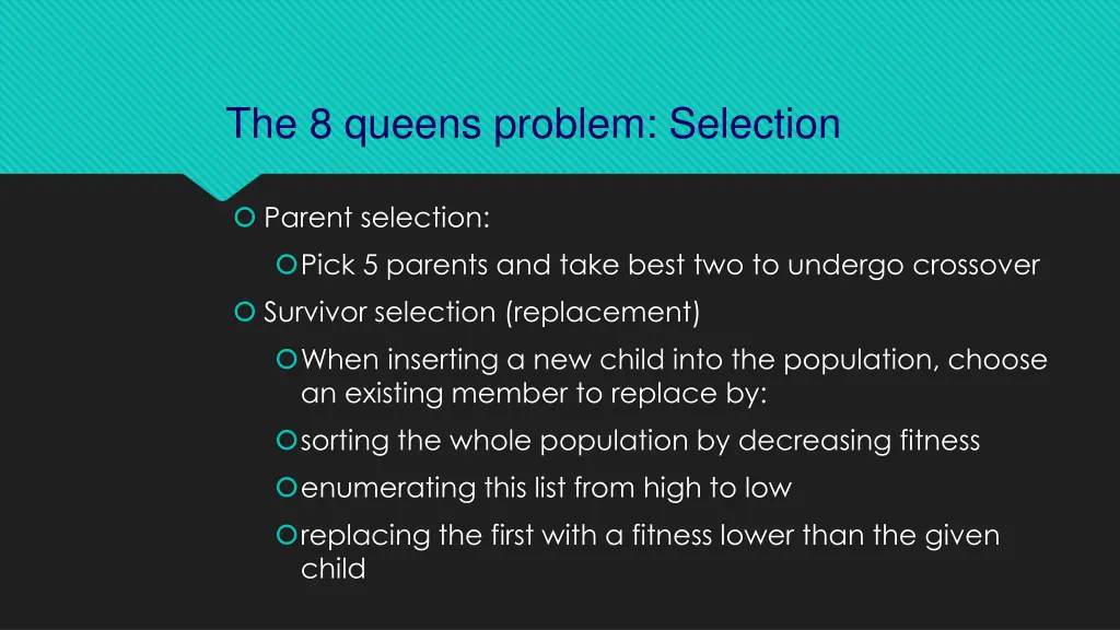 the 8 queens problem selection