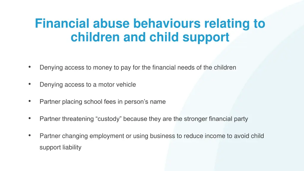 financial abuse behaviours relating to children