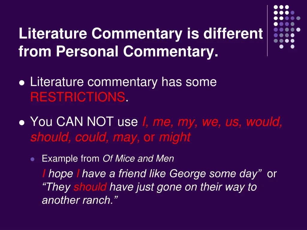 literature commentary is different from personal