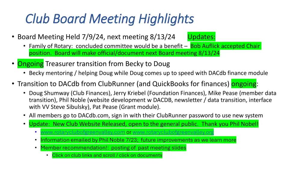 club board meeting highlights club board meeting