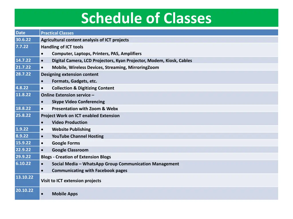 schedule of classes 1