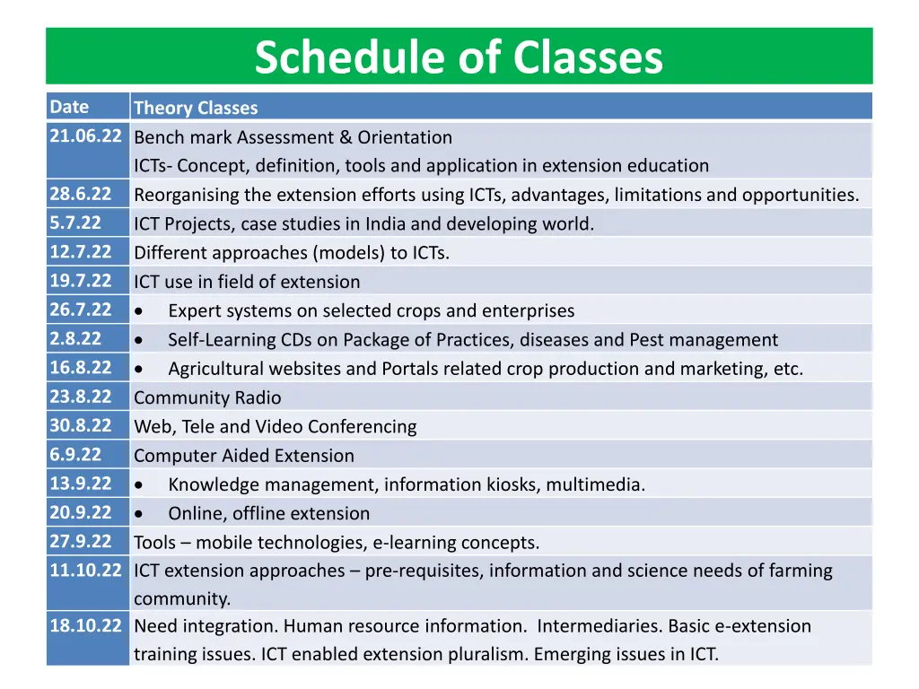 schedule of classes