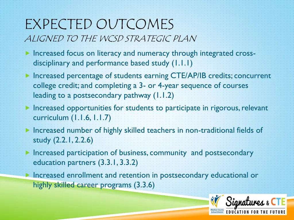 expected outcomes aligned to the wcsd strategic