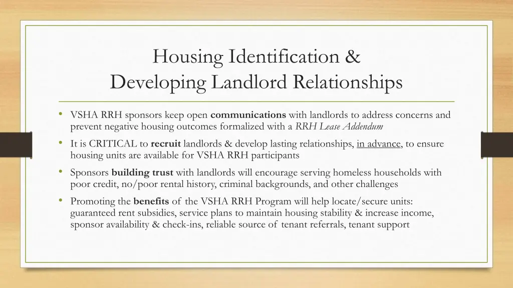 housing identification developing landlord