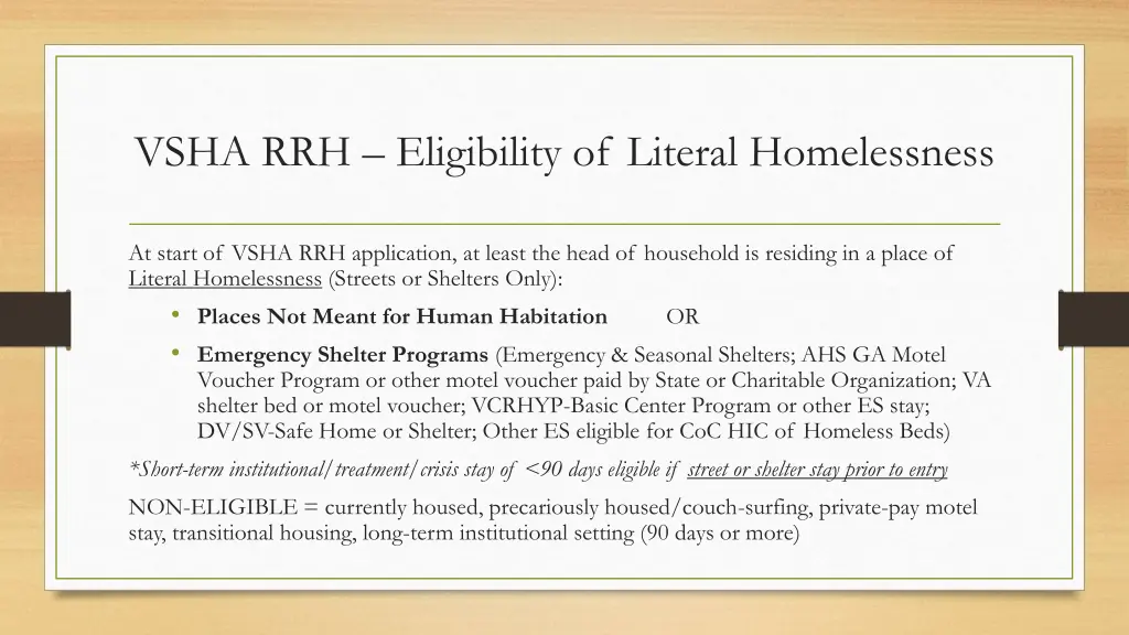 vsha rrh eligibility of literal homelessness