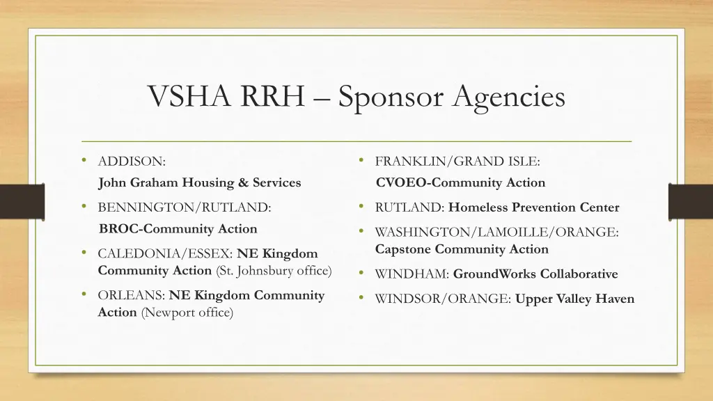 vsha rrh sponsor agencies