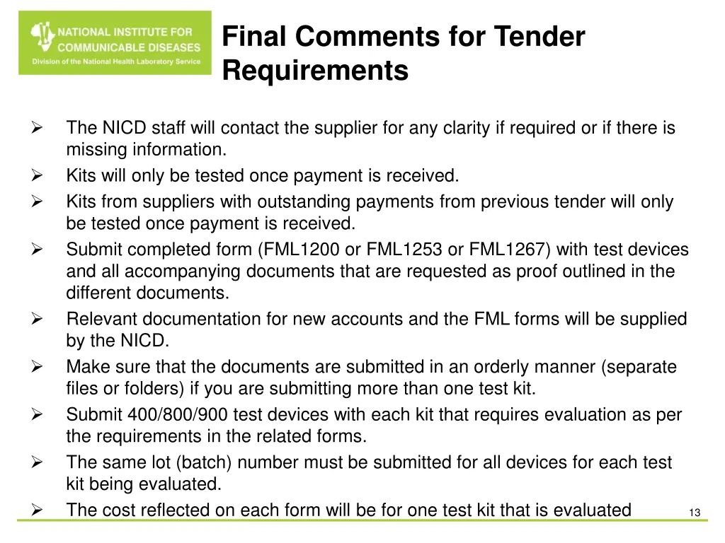 final comments for tender requirements