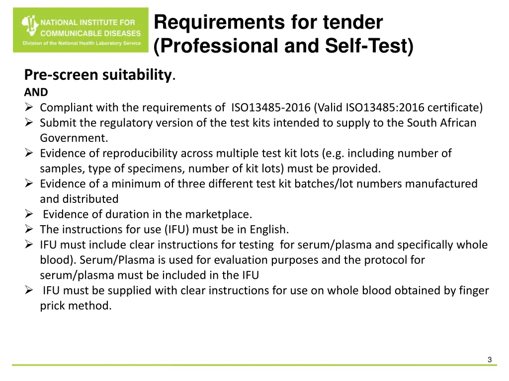 requirements for tender professional and self test